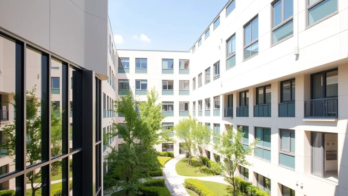 Image of a modern hospital building with an inner landscaped courtyard, designed for patient care.