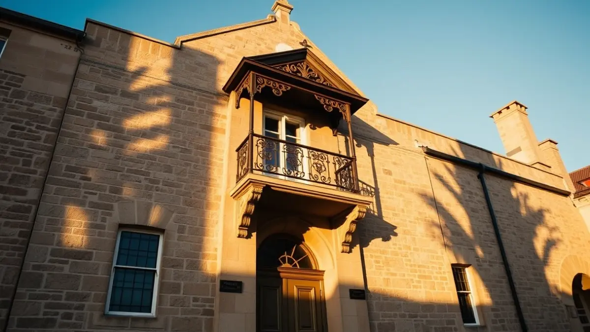 Façana d'un ajuntament de pedra amb balcó i baranes de ferro, amb la llum del sol de la vesprada.