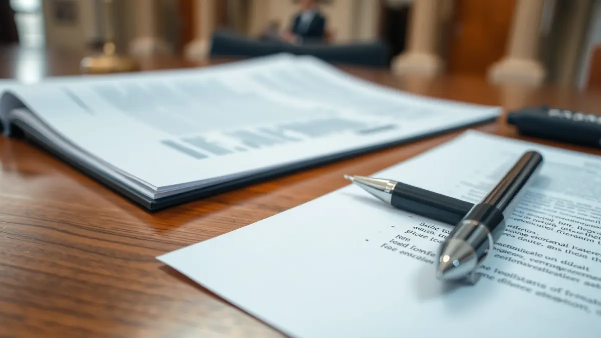 Imatge genèrica de documents oficials i un bolígraf sobre un escritori de fusta, suggerint accions administratives.