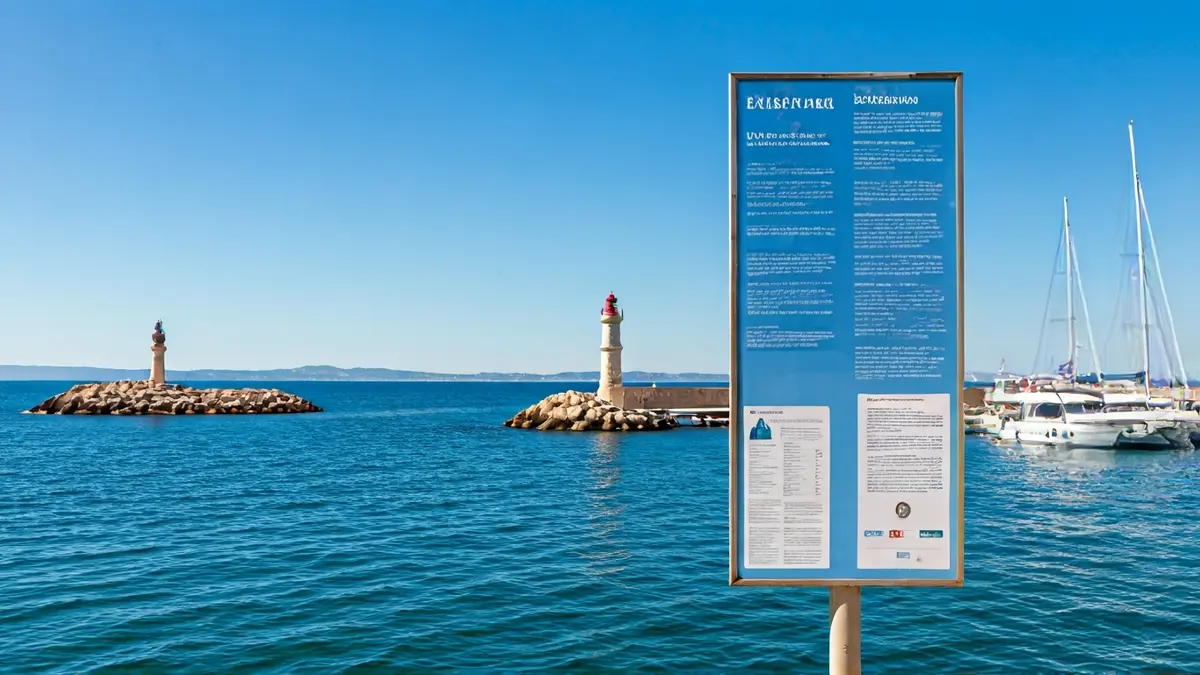 Image of a large informational sign near a lighthouse in Torrevieja bay.