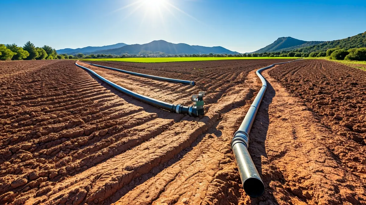 Imatge genèrica de canonades de sanejament en una zona de construcció, amb terra remoguda i vegetació al fons, sota la llum del sol.