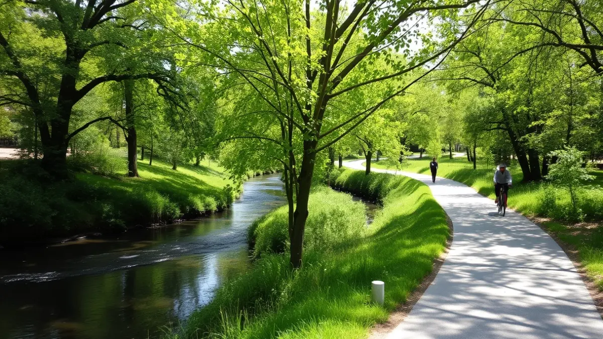 Imagen genérica de una ruta ciclopeatonal en un parque natural, con vegetación exuberante y un río al fondo.