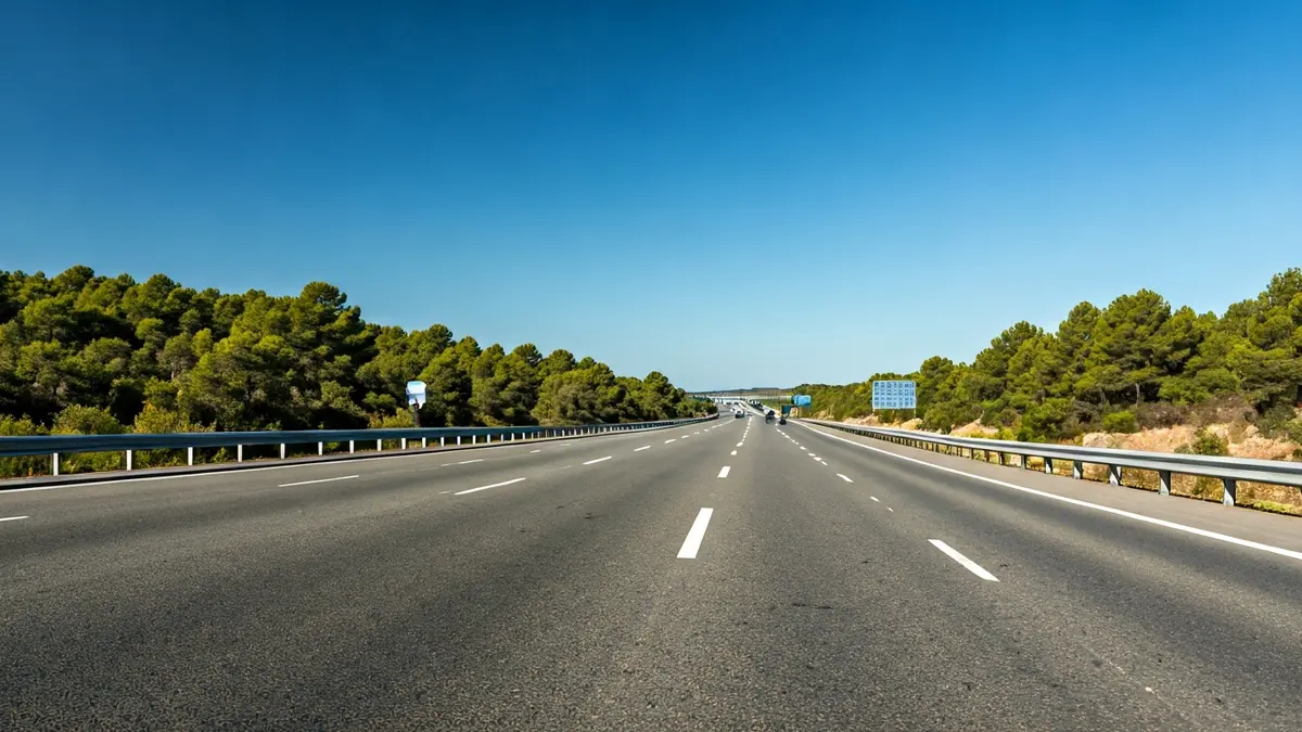 Imagen genérica de una carretera moderna en un paisaje mediterráneo, con coches borrosos y cielo azul.