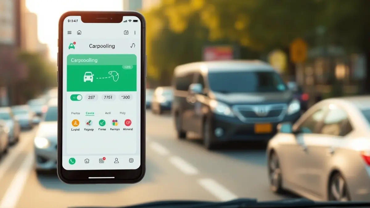 Imagen genérica de un teléfono inteligente con una aplicación de coche compartido en pantalla, con tráfico urbano desenfocado al fondo.