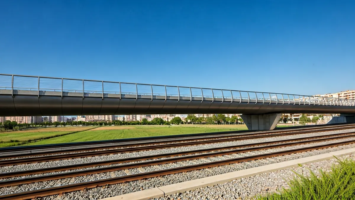 Imatge d'una passarel·la ciclopeatonal metàl·lica sobre les vies del metro, amb camps verds i edificis al fons.
