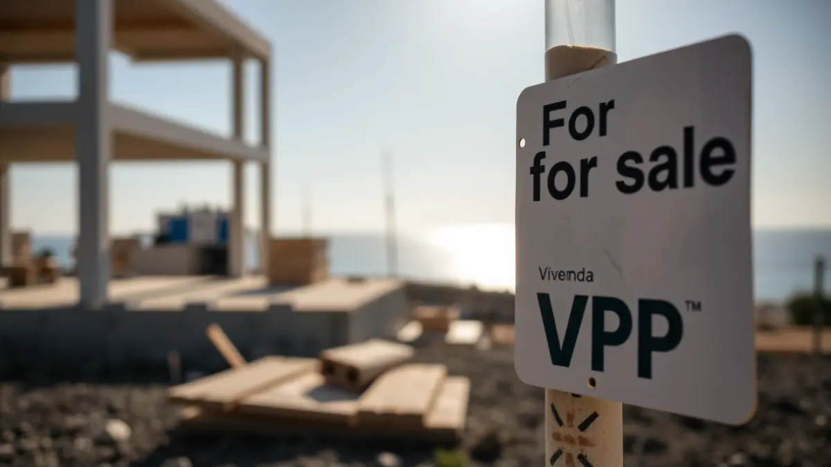 Imagen de un cartel de 'Venta' en una construcción de viviendas de protección pública.