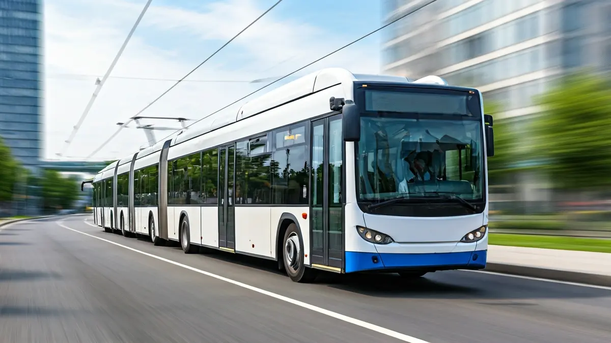 Imatge genèrica d'un autobús de trànsit ràpid (BRT) en una via dedicada, amb un fons urbà modern i espais verds.