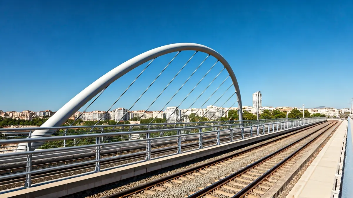 Image of a metal pedestrian bridge over metro tracks, part of the Metropolitan Green Ring.