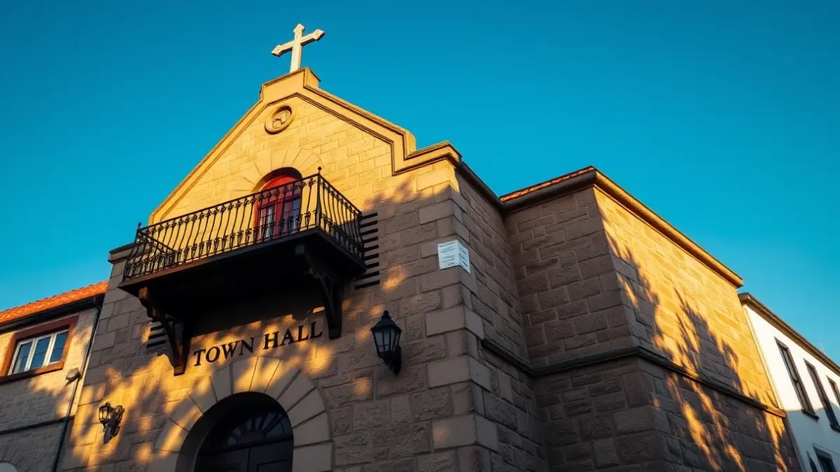 Façana d'un ajuntament amb balcó i baranes de ferro, amb la llum del sol de la vesprada.