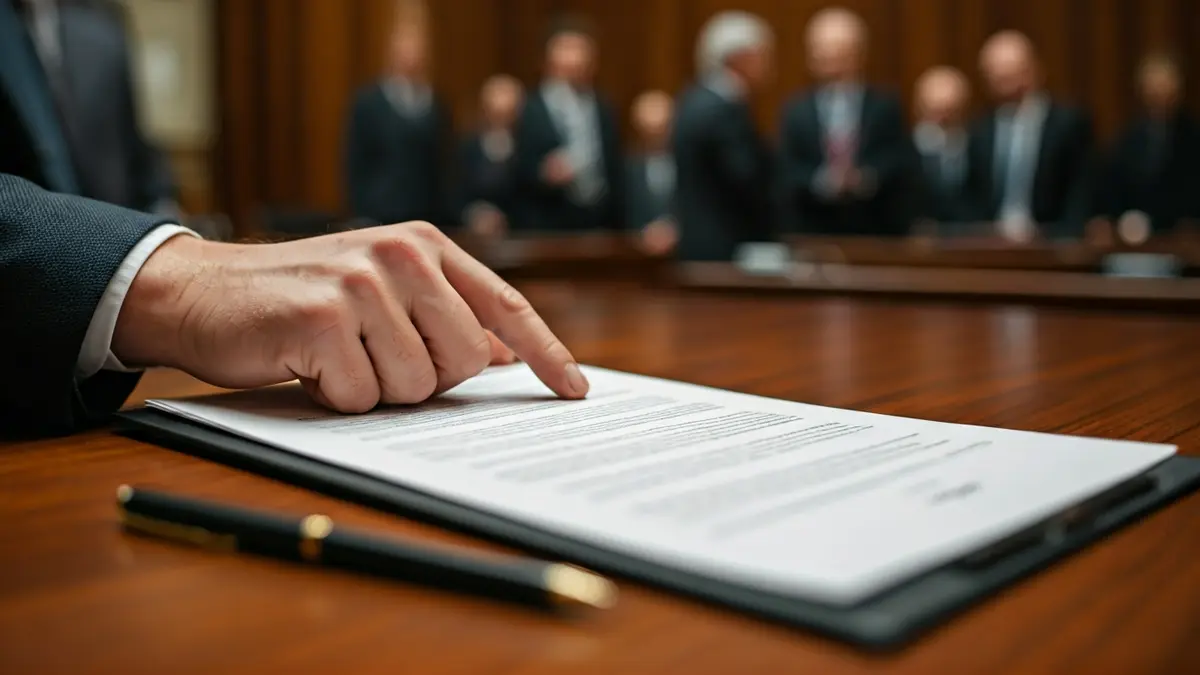 Imagen genérica de un documento oficial con una mano señalando un punto, sobre un escritorio de madera.