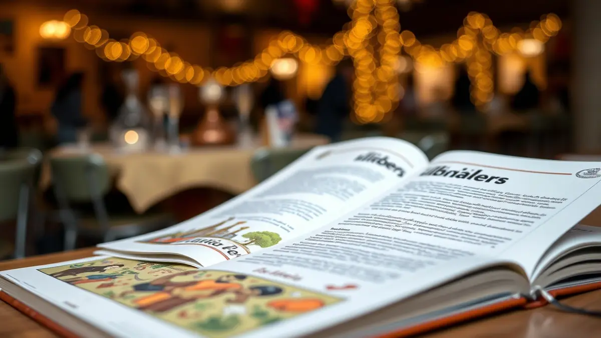 Imagen de un llibret faller abierto, con ilustraciones y texto, en una mesa de madera con decoración festiva borrosa.