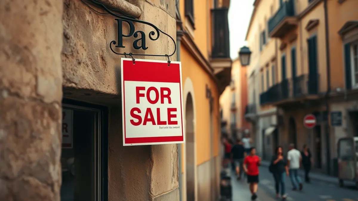 Imagen de un edificio antiguo con un cartel de 'Se vende' en una ciudad mediterránea.