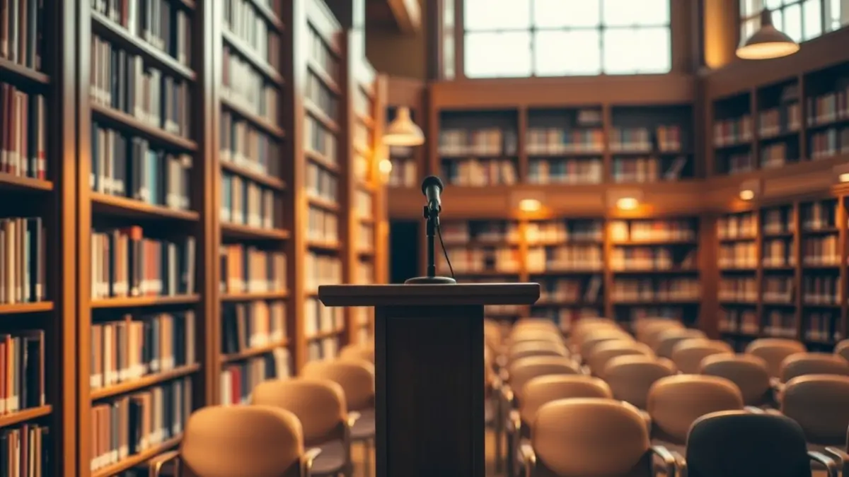 Generic image of a library interior with wooden bookshelves and a microphone on a podium.