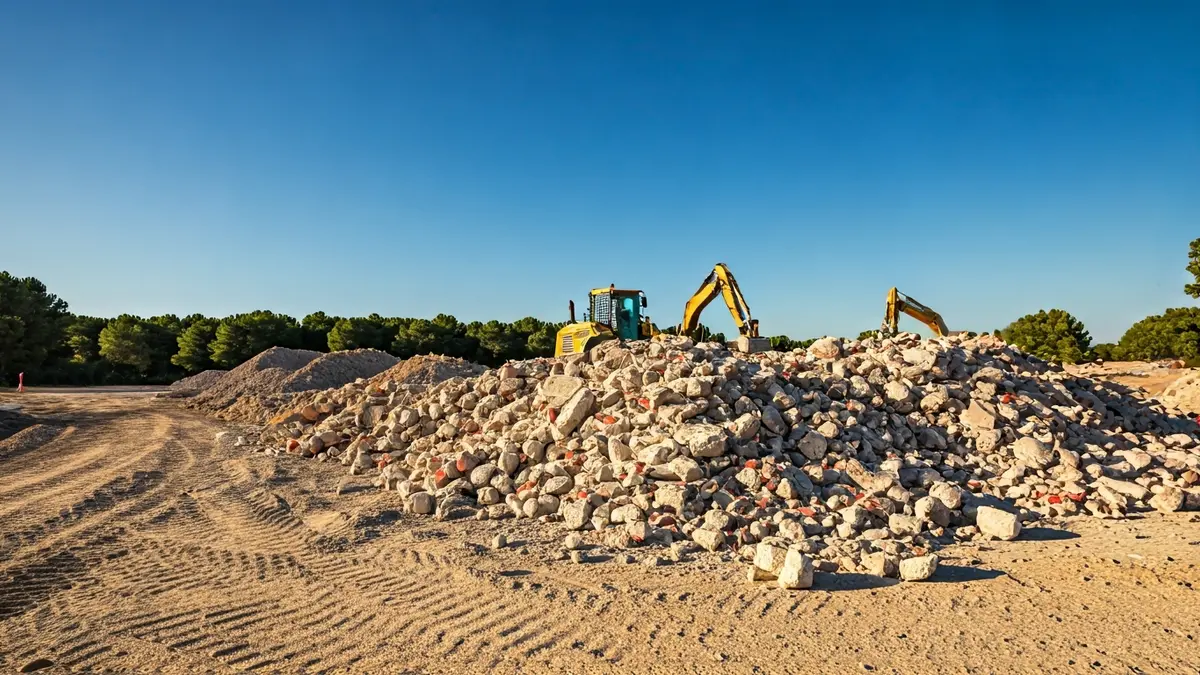 Pile of construction debris and rubble in an open field, with heavy machinery in the background, under a clear blue sky in a Mediterranean landscape.
