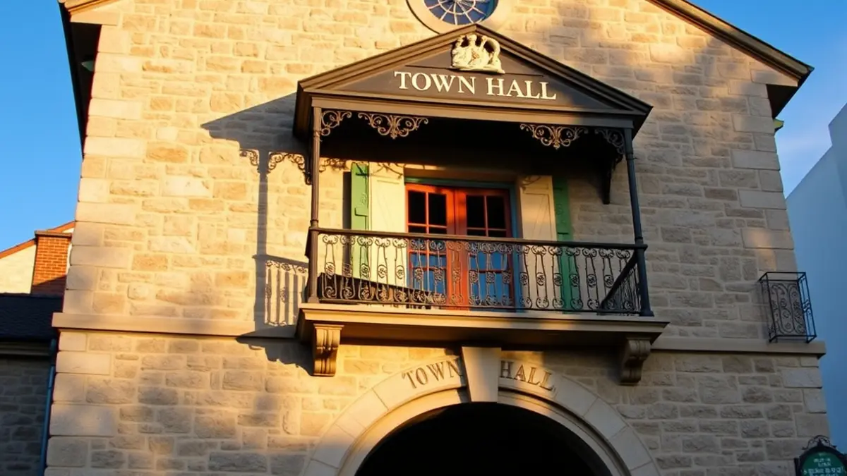 Stone town hall facade with balcony and iron railings, bathed in afternoon sunlight.