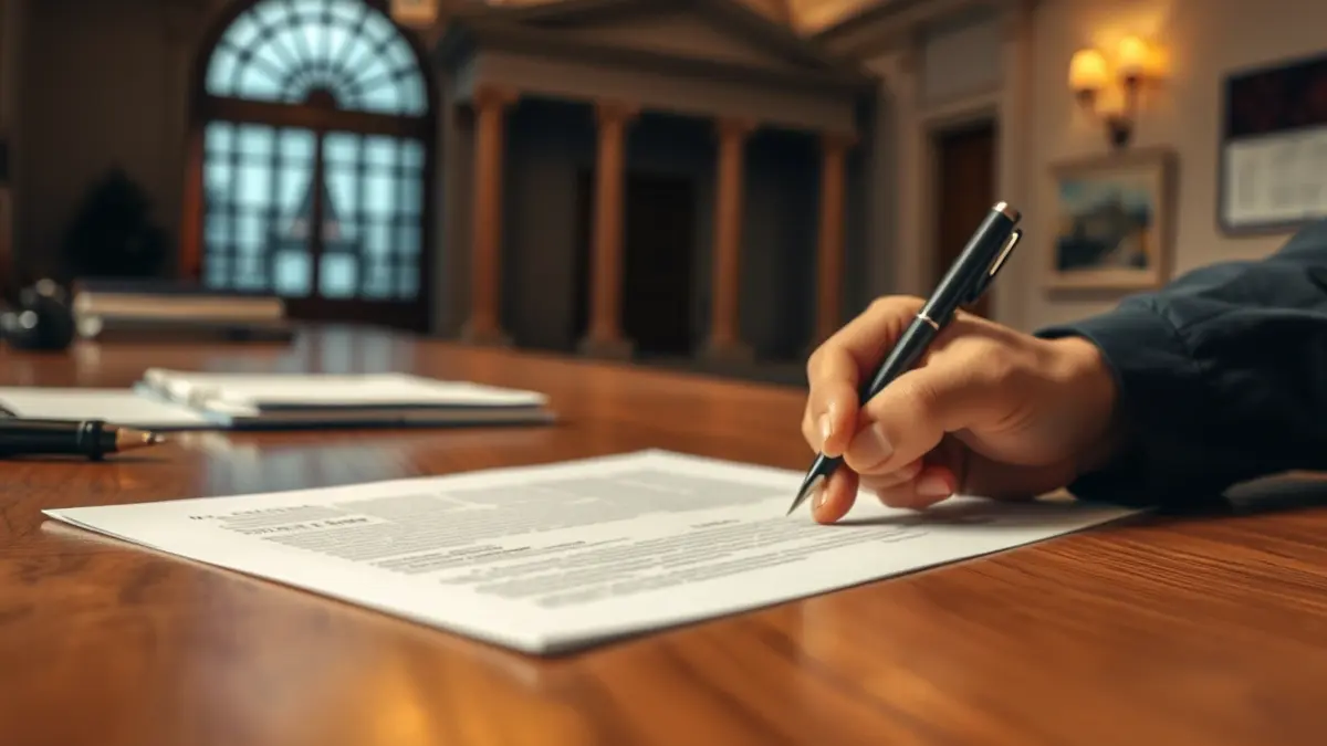 Imatge d'una mà signant un document, amb l'ajuntament de fons, simbolitzant la gestió pública.