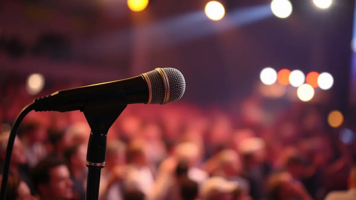 Imatge genèrica d'un micròfon en un escenari, amb el públic desenfocat al fons.