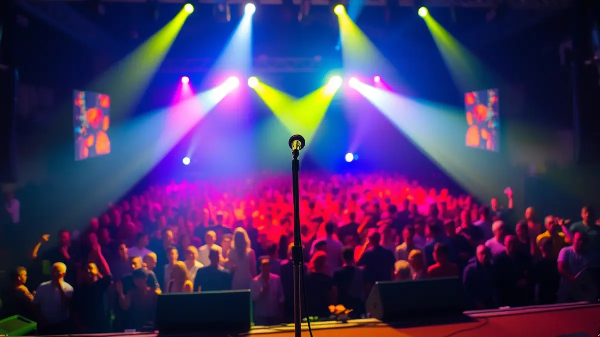 Imagen genérica de un escenario de concierto con luces dinámicas y un micrófono vacío.
