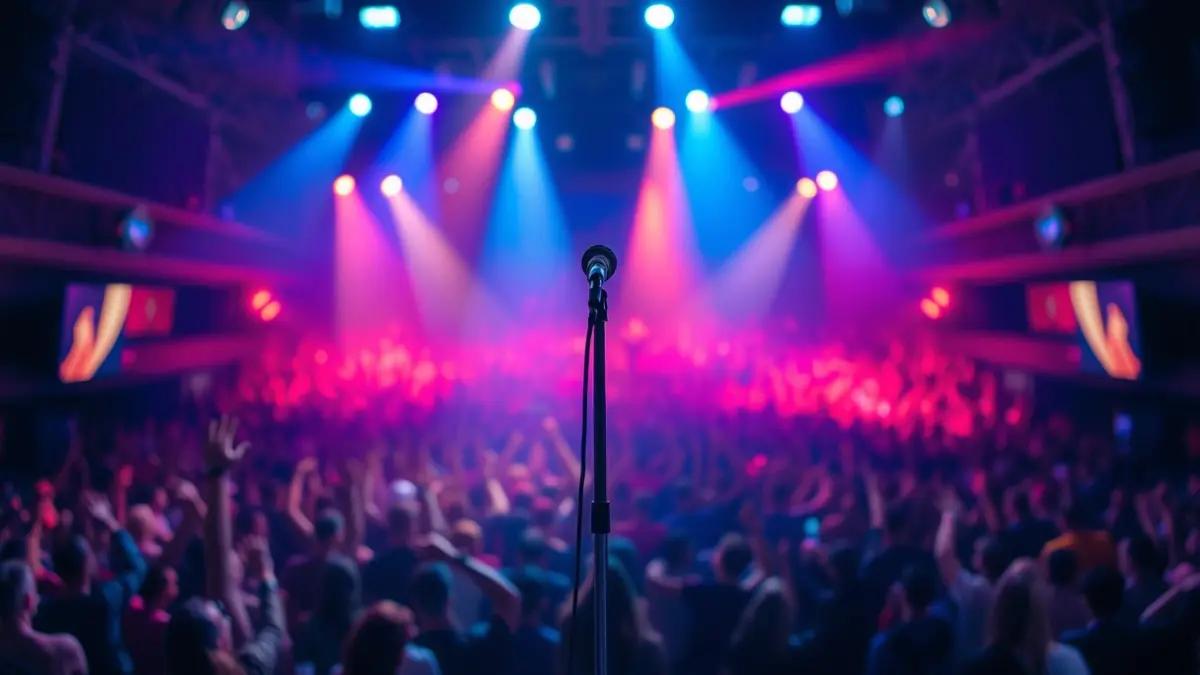 Imatge genèrica d'un concert amb un escenari il·luminat i una multitud borrosa.