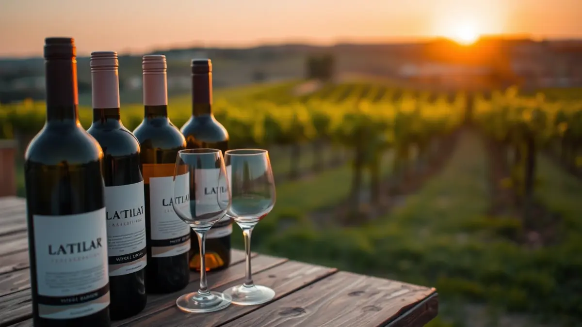 Imatge genèrica de botelles de vi i copes en una taula de fusta, amb un vinyer al fons.