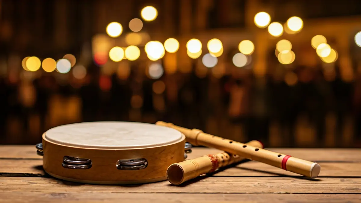 Imagen de un tamboril y una flauta rociera, instrumentos musicales tradicionales.