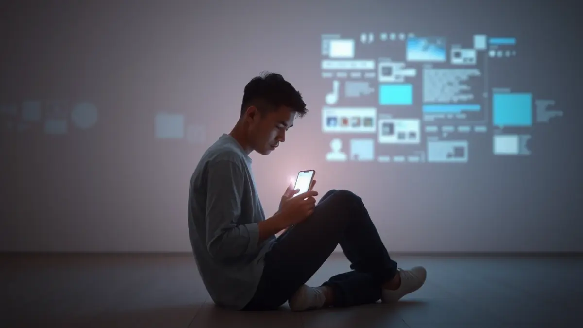 Imatge genèrica d'una persona sola en una habitació, il·luminada per la pantalla d'un mòbil, simbolitzant la soledat digital.