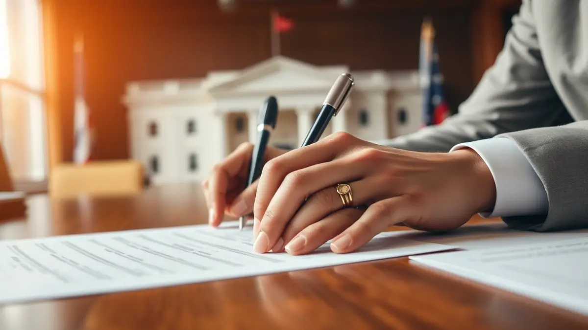 Generic image of hands signing official documents in an institutional setting.