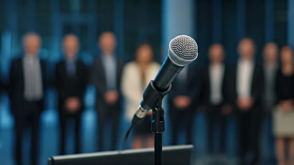 Generic image of a microphone on a podium during a press conference.