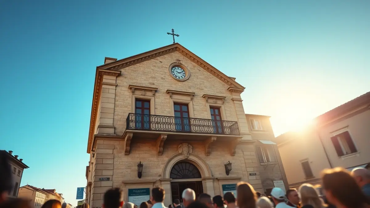 Imatge de la façana d'un ajuntament mediterrani amb un balcó ornamentat.
