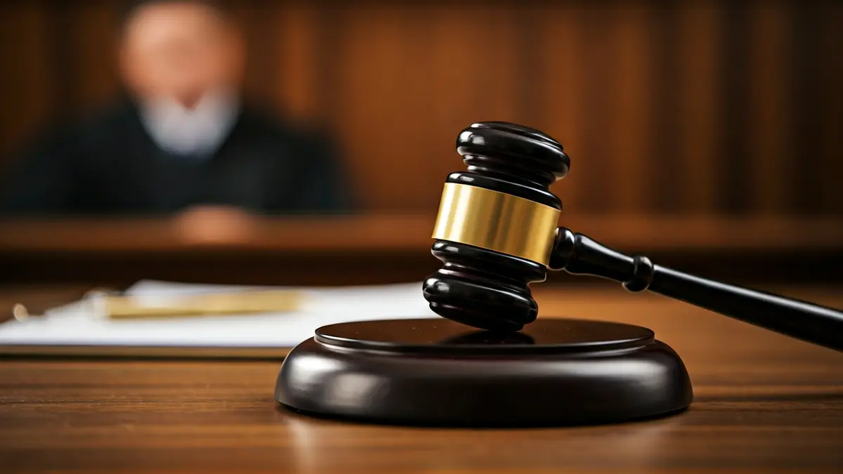 Generic image of a judge's gavel on a wooden desk with blurred legal documents.