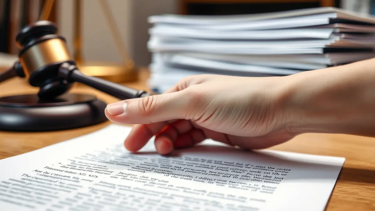 Imatge genèrica d'un document legal amb una mà assenyalant un paràgraf, amb un martell de jutge i expedients desenfocats al fons.