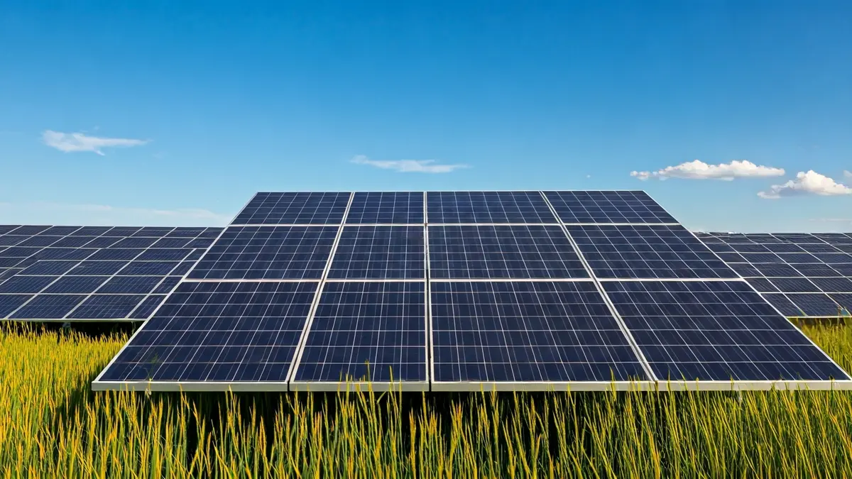Generic image of solar panels in an agricultural field under a blue sky.