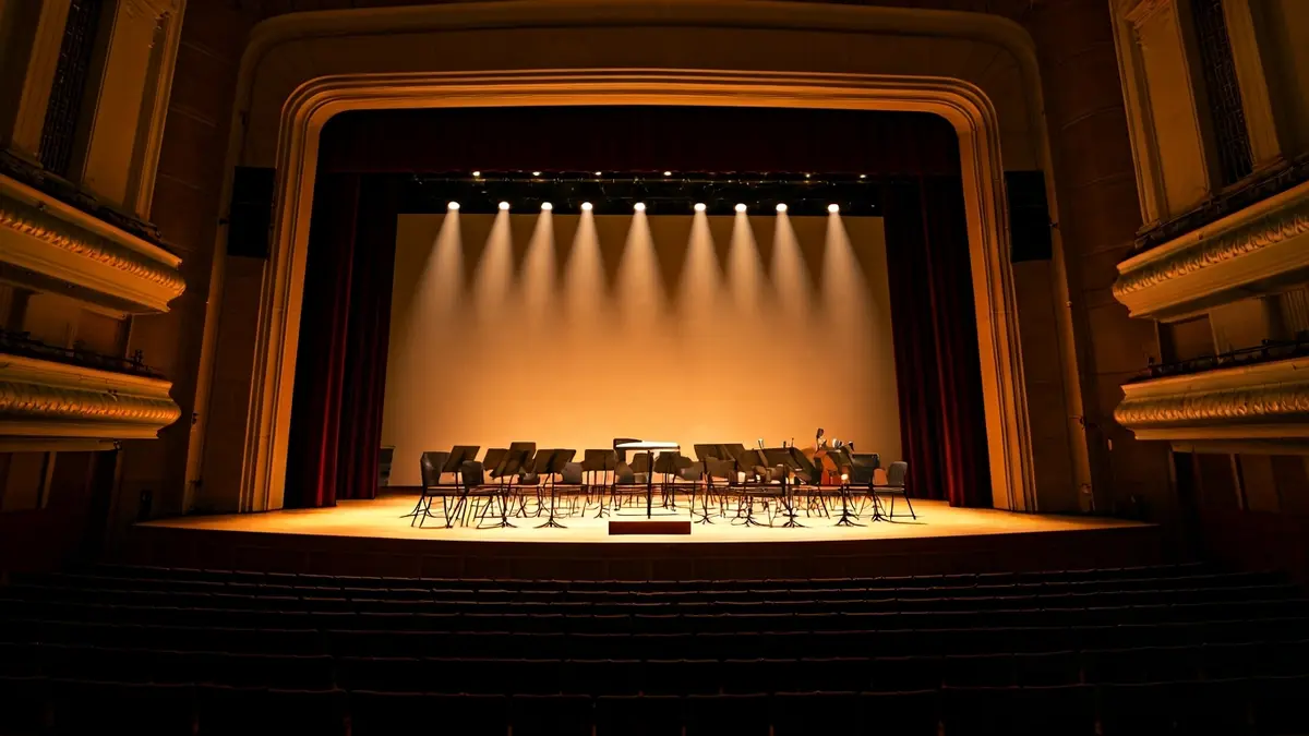 Generic image of a lit concert hall stage, with music stands and a conductor's podium.