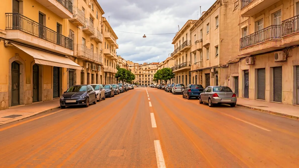 Imatge d'un carrer amb vehicles i voreres cobertes de pols en suspensió a la Marina Alta.