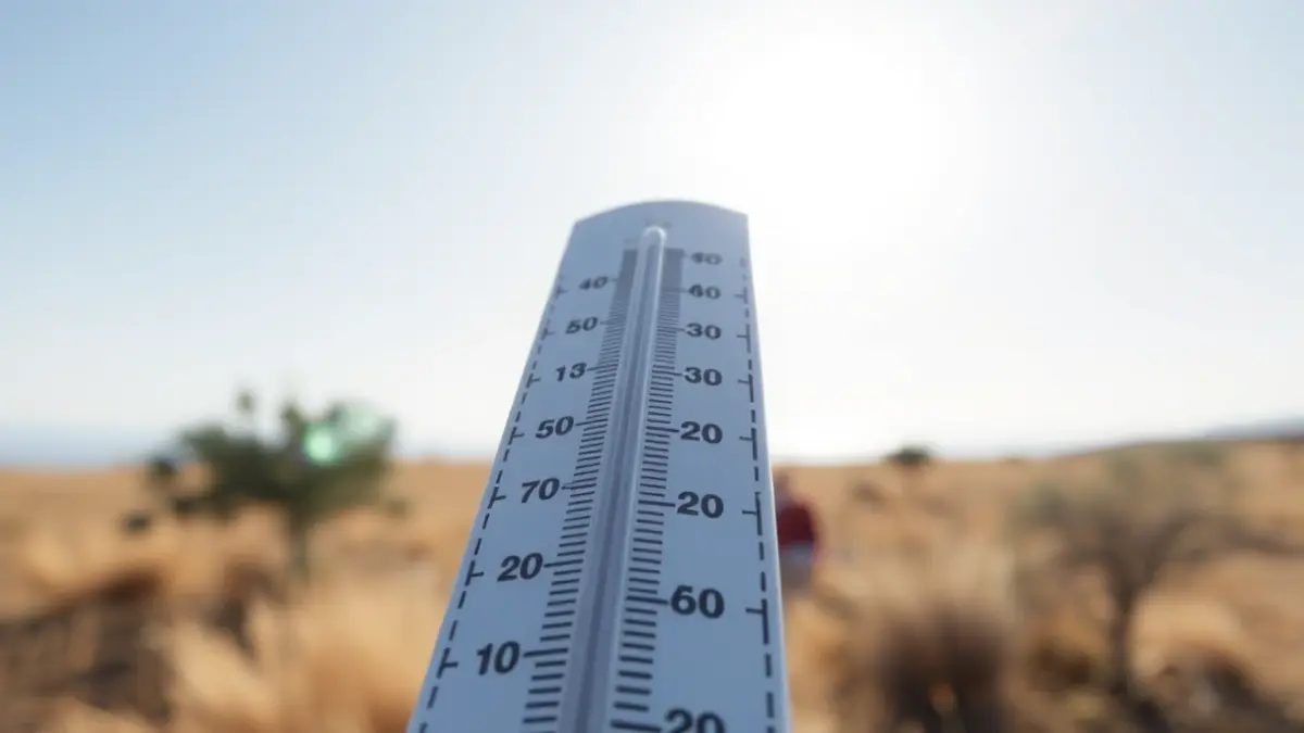 Imatge genèrica d'un termòmetre marcant altes temperatures en un paisatge mediterrani assolellat.