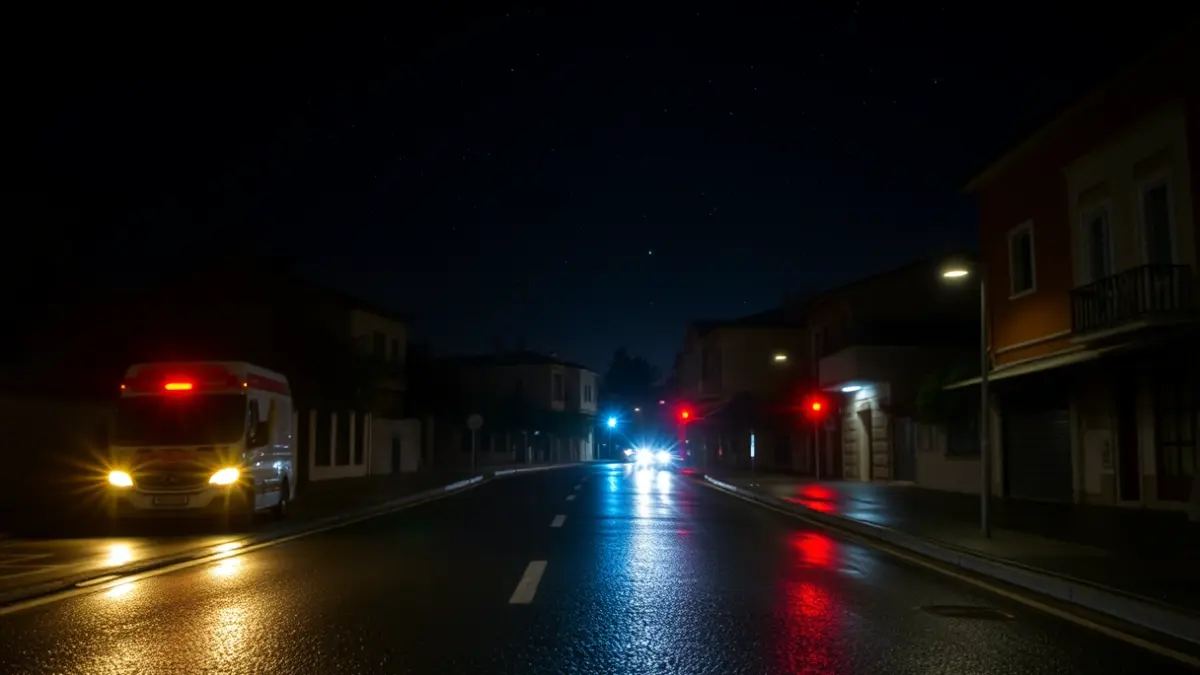 Imatge d'un carrer fosc en una ciutat mediterrània de nit, amb llums d'emergència borroses i un cel estelat, després d'un gran apagon.
