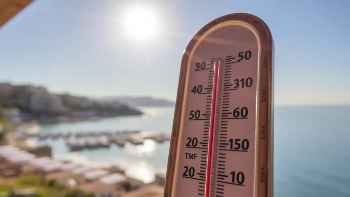 Imagen genérica de un termómetro marcando altas temperaturas con un paisaje costero mediterráneo de fondo, representando la ola de calor en la Marina Alta.