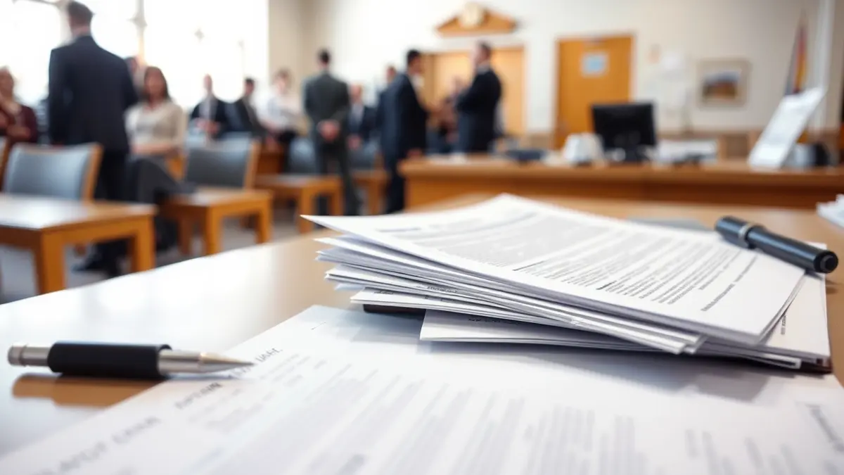 Generic image of official documents and forms on a desk, with people waiting in a government office.