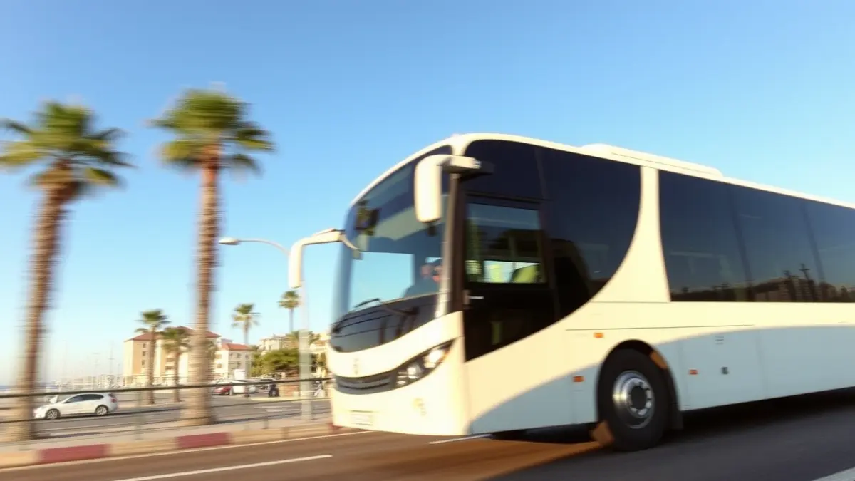 Imagen genérica de un autobús moderno circulando por una carretera en una ciudad costera mediterránea.
