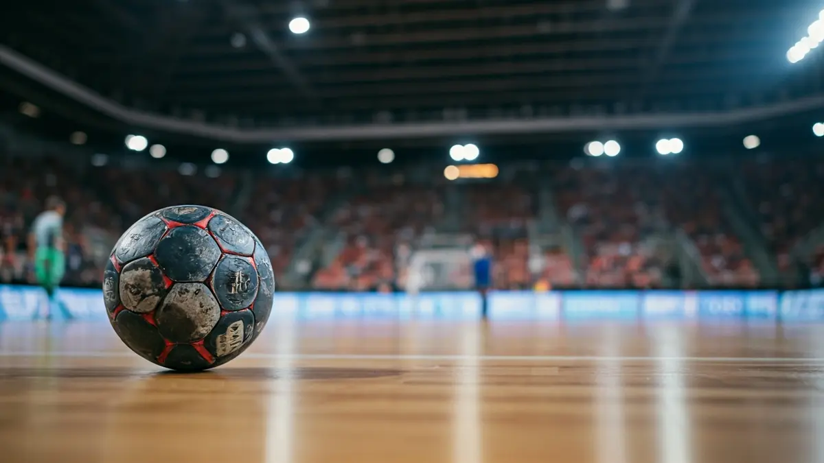Imatge genèrica d'una pilota de balonmano en una pista, amb les grades desenfocades al fons.