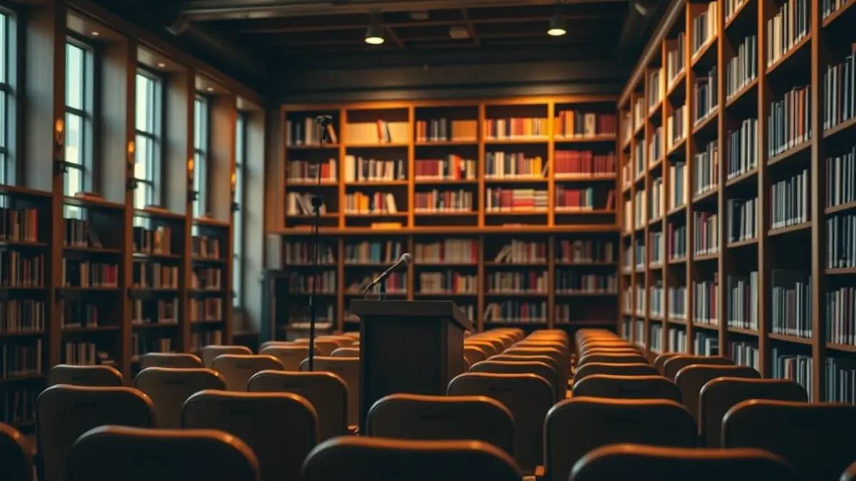 Imatge genèrica d'un interior de biblioteca amb prestatgeries de fusta i un micròfon en un podi, amb una atmosfera de lectura acollidora.