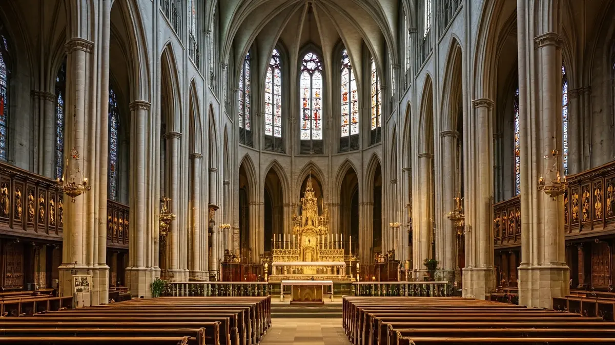 Imatge de l'interior d'una catedral amb decoració religiosa i llum tènue.