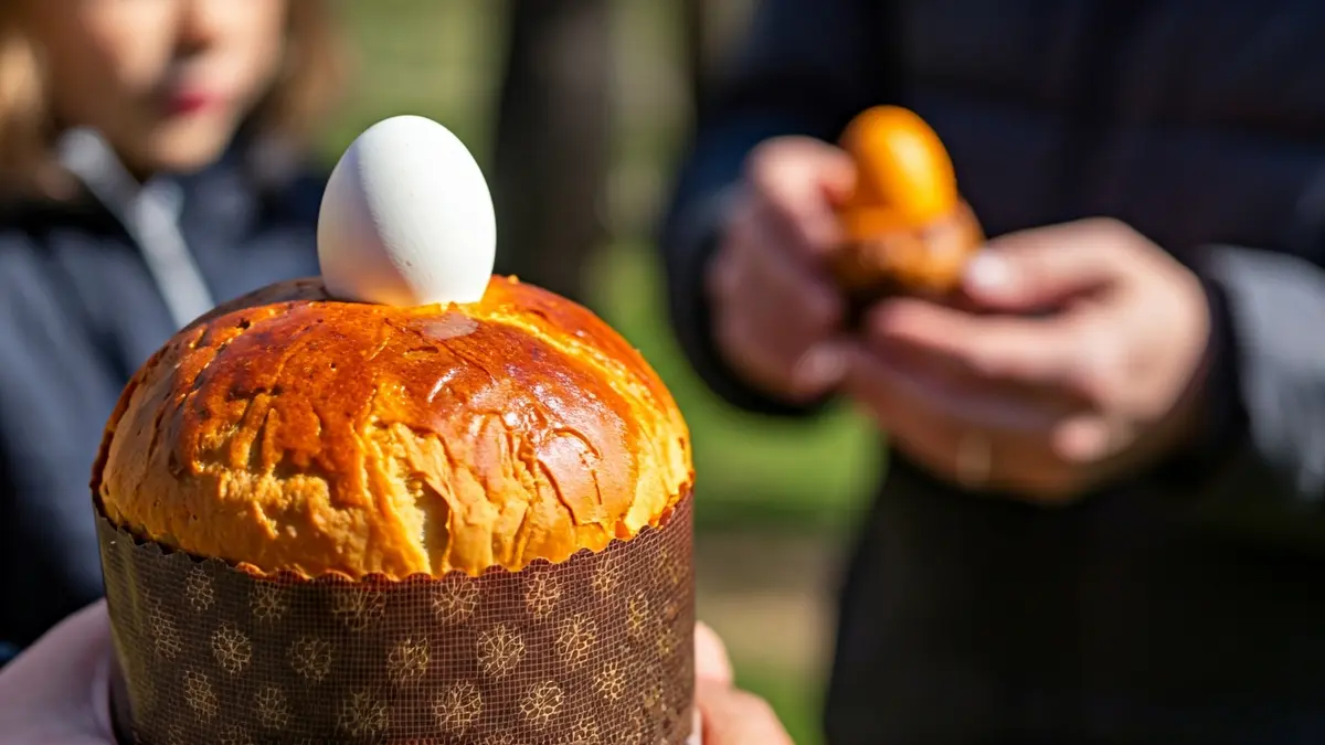 Imatge d'una mona de Pasqua tradicional amb un ou dur, compartida en família a l'aire lliure.