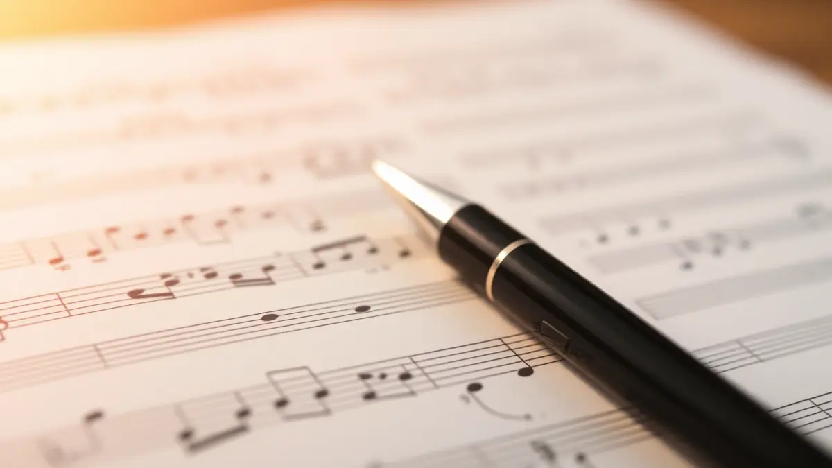 Imatge genèrica d'una partitura musical amb una ploma, il·luminada amb una llum càlida.
