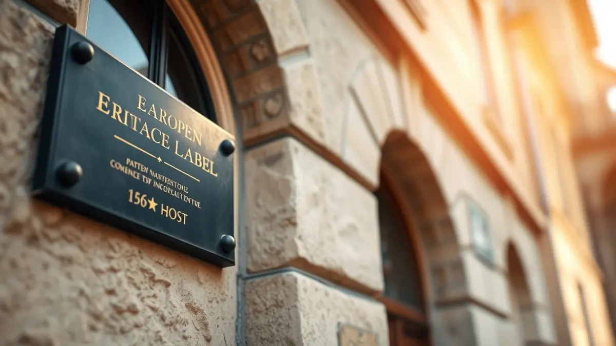 Imatge d'un segell de Patrimoni Europeu en la façana d'un edifici històric.