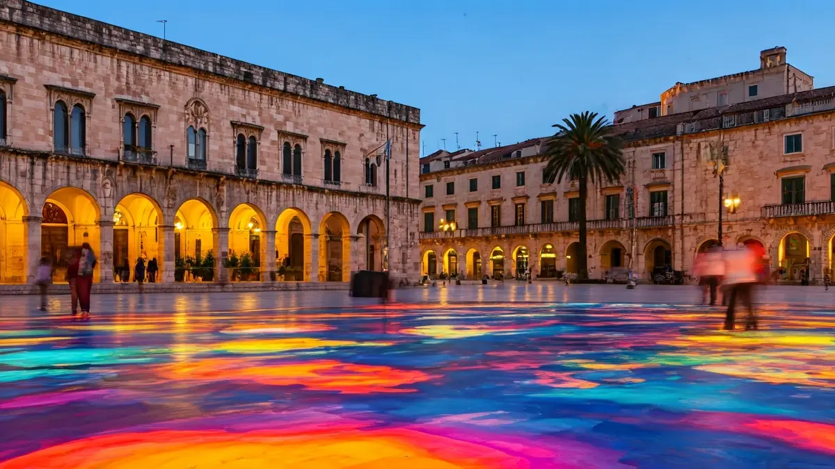 Imatge d'una instal·lació artística abstracta en una plaça pública de Castelló de la Plana.