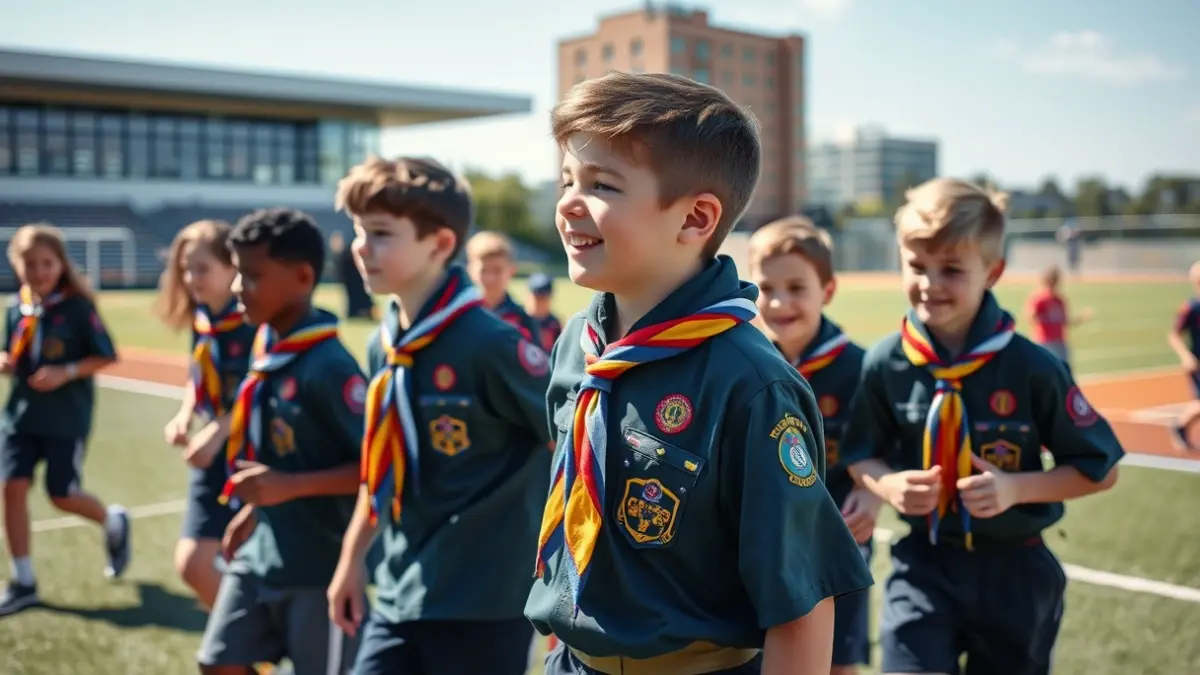 Imatge d'un grup de joves escoltes participant en activitats esportives en un complex modern.