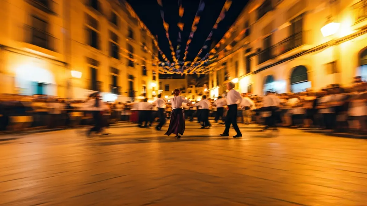 Imagen de una celebración tradicional con danzas y música en un ambiente festivo.