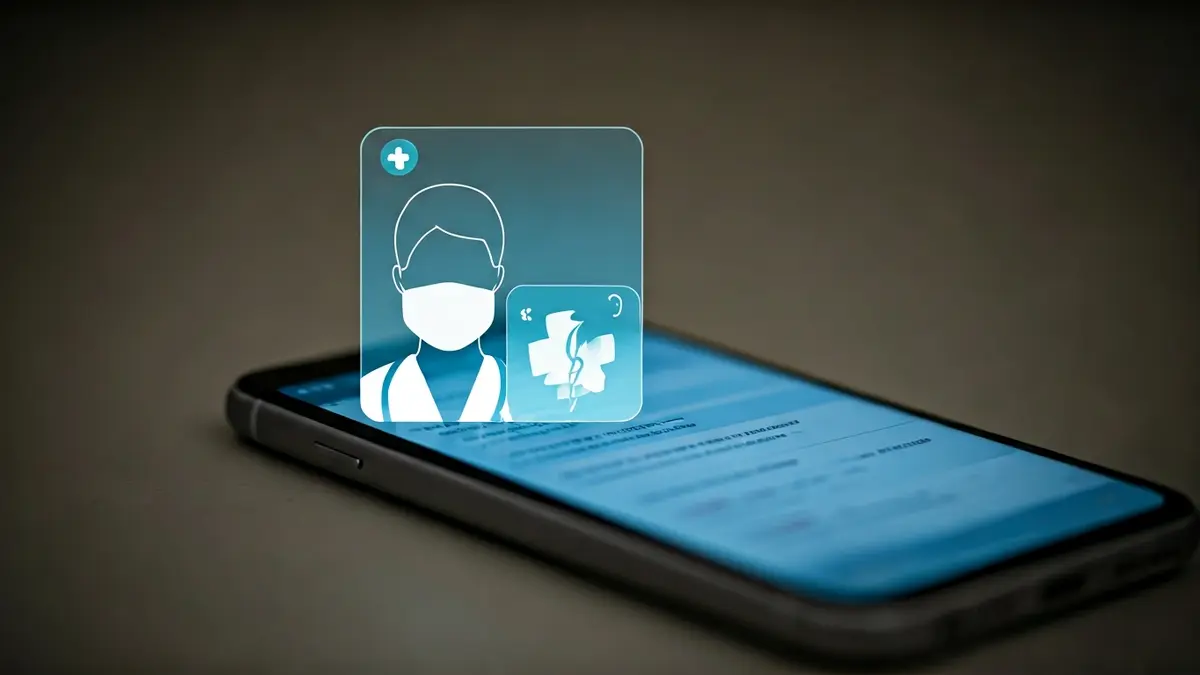 Imatge genèrica d'una pantalla de mòbil amb contingut de xarxes socials i un símbol mèdic superposat.