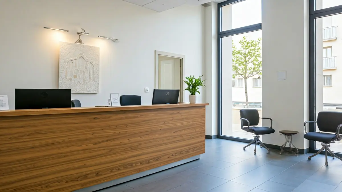Imatge genèrica d'una oficina municipal amb un taulell de recepció i cadires buides.